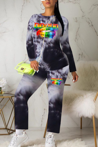 Black Active Print Straight Long Sleeve Two-piece Pants Set