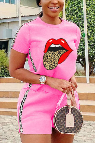 Pink Fashion Casual Printed Short Sleeve Top Sports Set