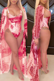 Red Sexy Fashion Print Long Sleeve Cover Up Swimsuit Set
