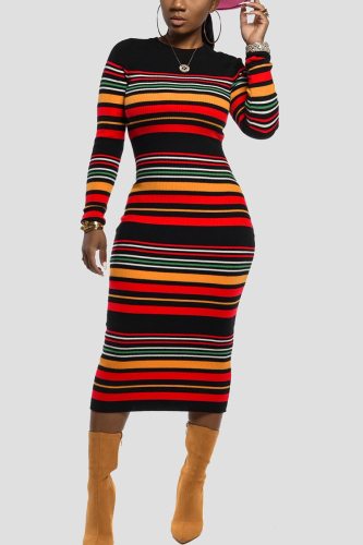 Red Striped Long Sleeve Bodycon Knit Midi Sweater Dress for Everyday Autumn Winter Outfit