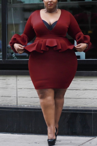 Wine Red Sexy Puff Sleeve Ruffled V Neck Large Size Dress