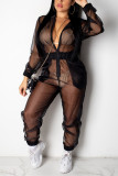 Black Sexy Fashion Patchwork Solid Mesh Long Sleeve V Neck Jumpsuits
