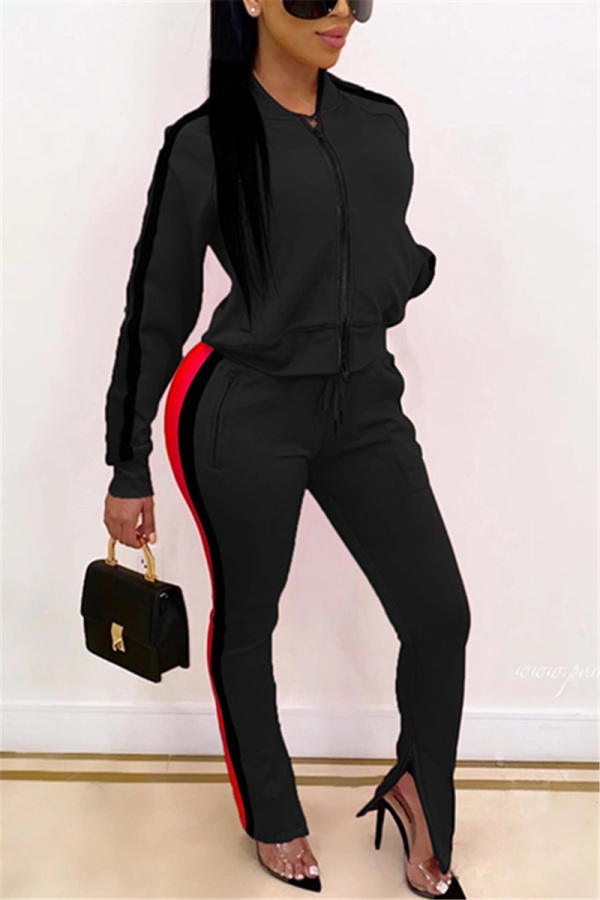 Black Casual Sports Zipper Stitching Two-Piece Suit