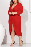 Red Sexy Standard Large Size V-Neck Pleated Design Slim Dress