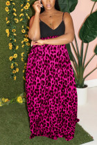 rose red Chemical fiber blend Sexy Spaghetti Strap Sleeveless V Neck Swagger Floor-Length Print Leopard Patch