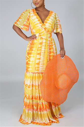 Orange Fashion Casual Printed V-neck Dress