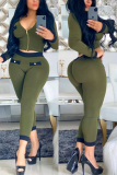 Army Green Sexy Fashion adult Solid Two Piece Suits Patchwork Zippered pencil Long Sleeve