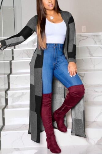 Black Fashion Plaid Long Sleeve Print Coat