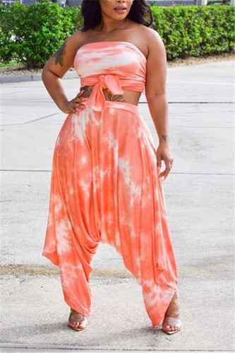 Orange Fashion Casual Women's Pleated Pants Tube Top Set