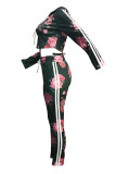 Green Casual Hooded Collar Floral Printed Knitting Two-piece Pants Set (Batch Print)