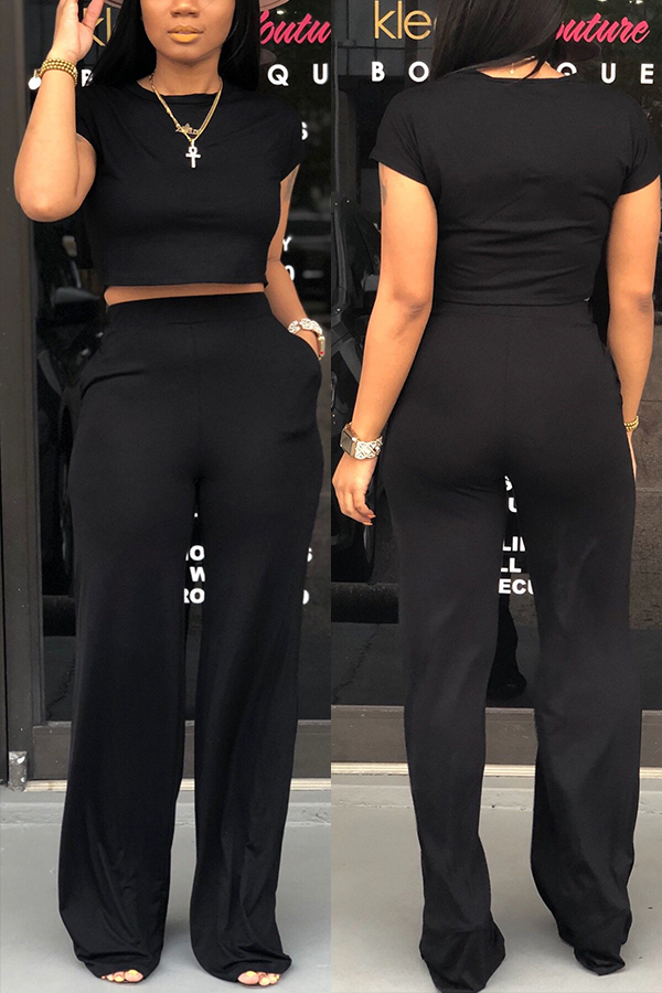 Black Casual Fashion Bandage crop top Solid Straight Two-piece Pants Set