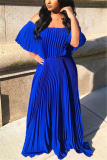 Blue Fashion Casual adult Sexy Off The Shoulder One word collar Pleated Floor-Length Solid Drap