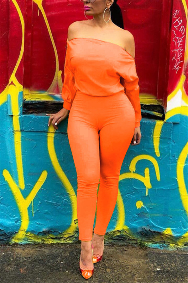 Orange Casual zipper Solid Long Sleeve one word collar Jumpsuits
