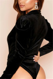 Black Sexy Button Solid Long Sleeve Turndown Collar 