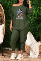 Army Green Casual Print Patchwork O Neck Long Sleeve Two Pieces