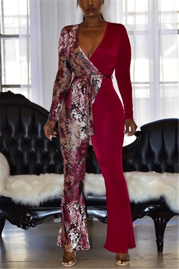 Wine Red Fashion Sexy bandage Patchwork serpentine Print Long Sleeve V Neck Jumpsuits