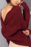 Wine Red Fashion Halter V-Neck Knotted Sweater