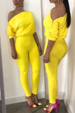 Yellow Fashion Sexy Patchwork Solid zipper Short Sleeve one word collar Jumpsuits