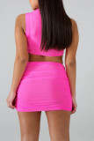 Rose Red Sexy O Neck Vest Short Skirt Two-piece Set