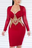 rose red Sexy Fashion adult Cap Sleeve Long Sleeves V Neck Step Skirt Knee-Length Patchwork Embroid