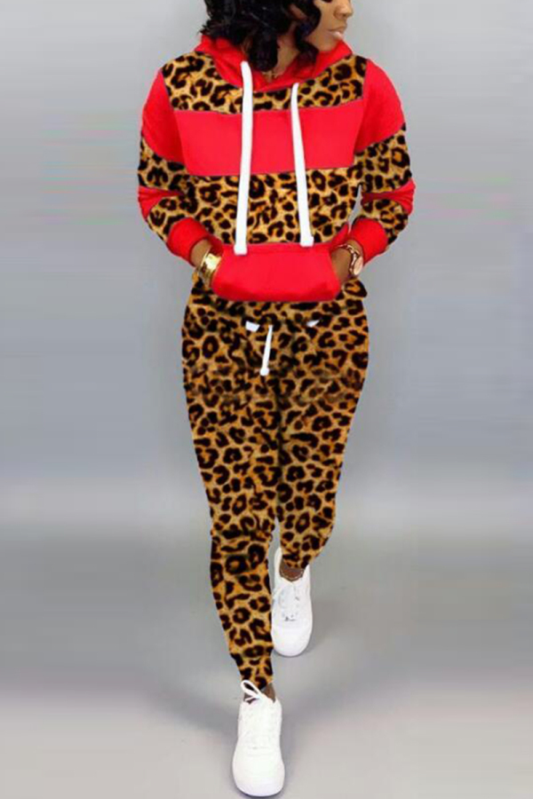 Red Casual Fashion adult Patchwork Leopard Print Two Piece Suits pencil Long Sleeve 