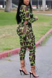 Green Sexy Fashion Letter perspective Slim fit Solid Two Piece Suits asymmetrical Skinny Long Sl