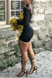 Gold adult Sexy Fashion Spaghetti Strap Long Sleeves V Neck Step Skirt skirt Geometric Sequin P