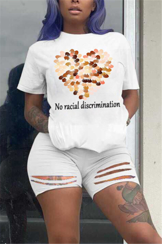 White Fashion Casual Printed T-shirt Shorts Set