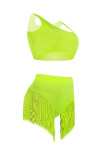 Fluorescent green Tassel Solid Patchwork Sexy Fashion Tankinis Set