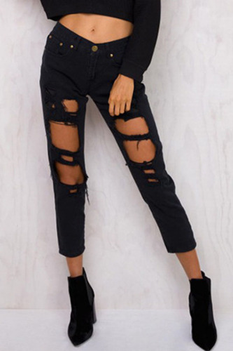 Black Chic Broken Holes Denim Pants