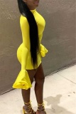 Yellow Nightclub Sexy Trumpet Sleeve Solid Color Dress
