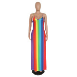 Striped Rainbow Sexy Stylish Casual Striped Suspender Long Maxi Dress