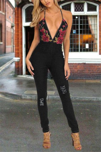 Black Fashion Sexy Rose Embroidered Halter Denim Jumpsuit