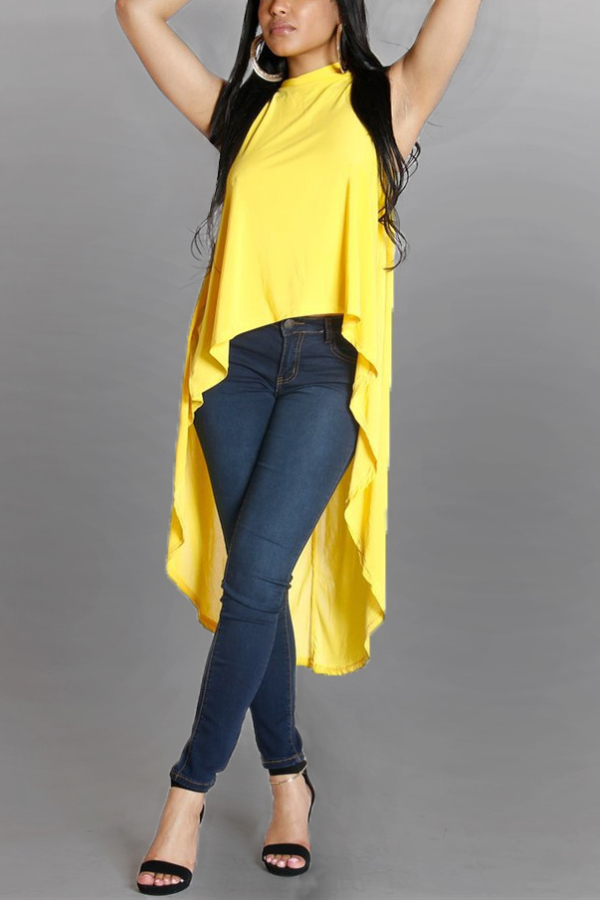 Yellow O Neck Sleeveless Patchwork Solid asymmetrical Tees & T-shirts