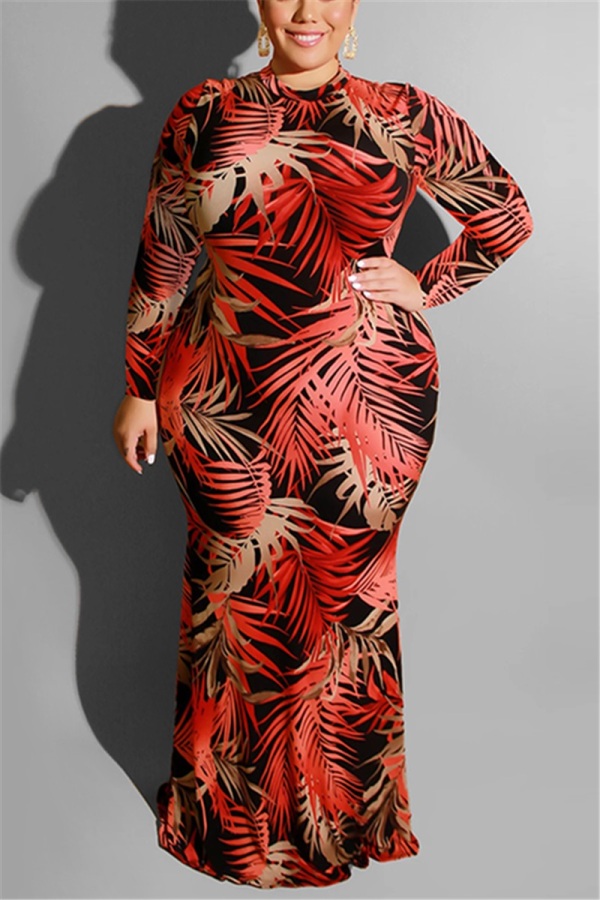 Wine Red Large Size Tight Sexy Leaf Print Dress