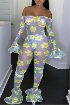 Light Blue Sexy Fashion Mesh Floral perspective Network Long Sleeve one word collar 