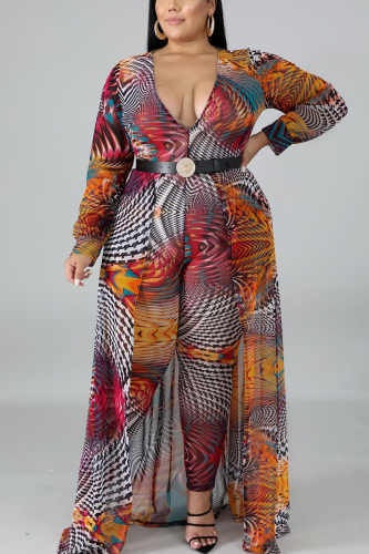 Multicolor Sexy Deep V-Neck Print Jumpsuits