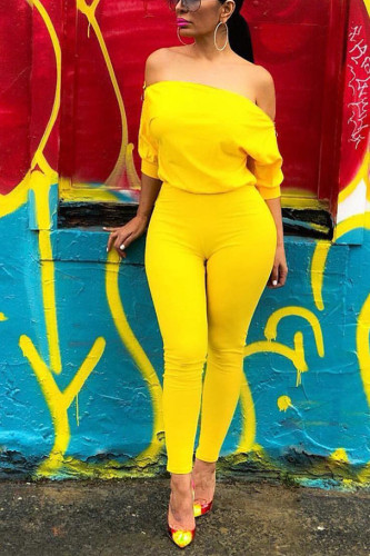 Yellow Fashion Sexy Patchwork Solid zipper Short Sleeve one word collar Jumpsuits
