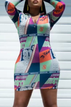 Multicolor Mstn Sexy Printed Zipper Twilled Satin Mini Sheath Dress