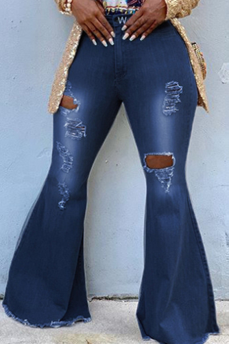 Dark Blue Denim Button Fly Sleeveless High Hole Solid washing Patchwork Boot Cut Pants 