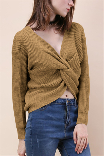 ValleyYellow Fashion Halter V-Neck Knotted Sweater