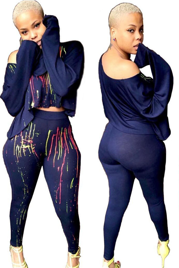 

Multi-color Fashion Casual crop top Print asymmetrical Solid Skinny Two-piece Pants Set