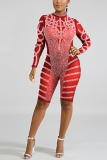 Red Sexy Hot Drilling Mesh Gauze Perspective Romper