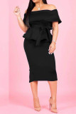 Black Casual Fashion Off The Shoulder Sleeveless One word collar Asymmetrical Mid-Calf asymmetri
