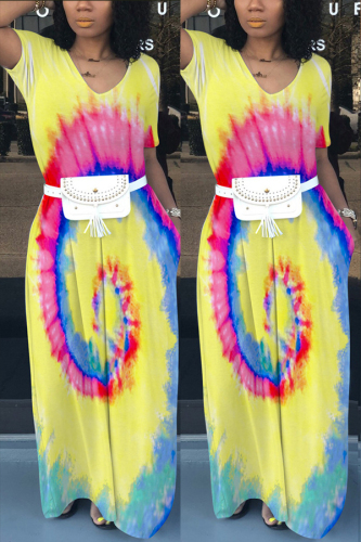 Yellow Sexy Printing Large Swing Dress