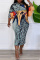 Yellow Grey Casual Print Patchwork V Neck Pencil Skirt Plus Size Dresses