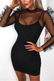 Black Network Sexy Patchwork Solid Hip skirt Long Sleeve Two-Piece Dress