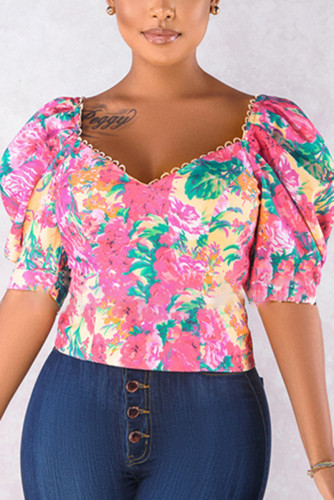 Pink Fashion Print Lantern Sleeve Top