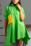 Green Fashion Cap Sleeve Half Sleeves Turndown Collar Asymmetrical Knee-Length Solid Casual Dre