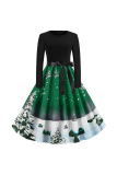 Green Christmas Retro Print Party Swing Dress